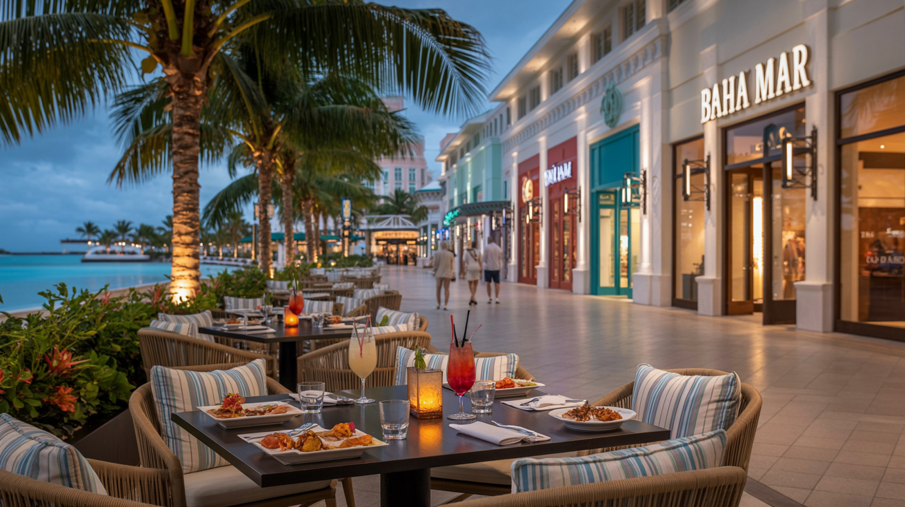 Waterfront promenade in Nassau at dusk with palm trees and outdoor dining