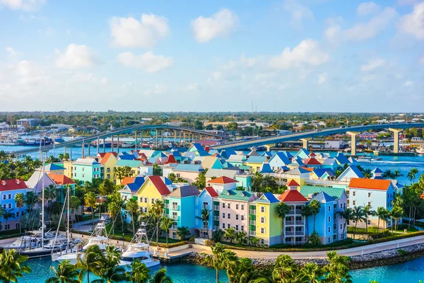 Colorful waterfront buildings and marina in The Bahamas